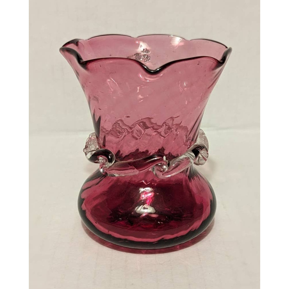 Vintage Pilgrim Cranberry Flared Vase with Clear Glass Accents Petaled Neck Pink
