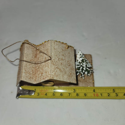 Vintage  Christmas Putz house Cardboard Mica Brown House with tree Ornament