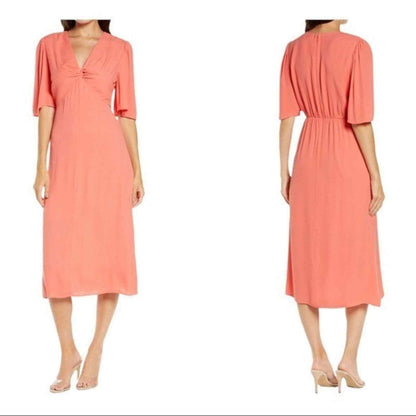 Chelsea 28 Twist Front Midi Dress Large Coral Rose NEW V-Neck Flutter Sleeves
