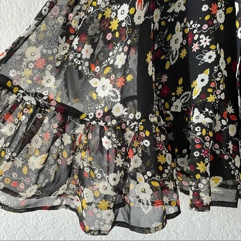 Topshop Sheer Chiffon Long Sleeve Ruffled Boho Mini Dress US 2 Black Floral NWT
