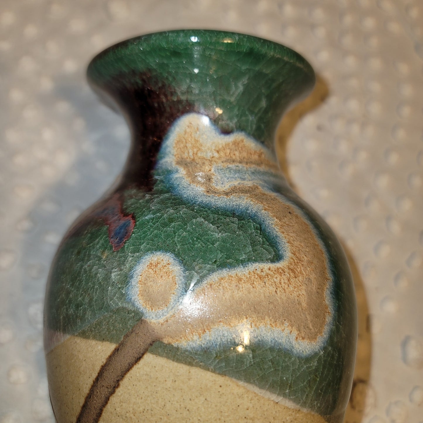 Art pottery raku vase handmade Signed Approx. 7.5" tall Clay Green Brown