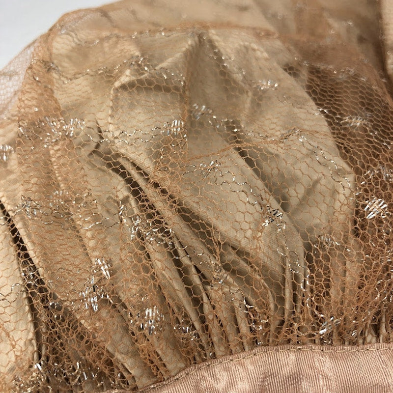 Vintage 1950's Hair Bonnet Vinyl w/ Metallic Mesh Overlay Neck Tie Curlers NUDE