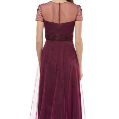 JS Collections Mesh Embellished Bodice Short Sleeve Dress Sz 16 Burgundy NWT