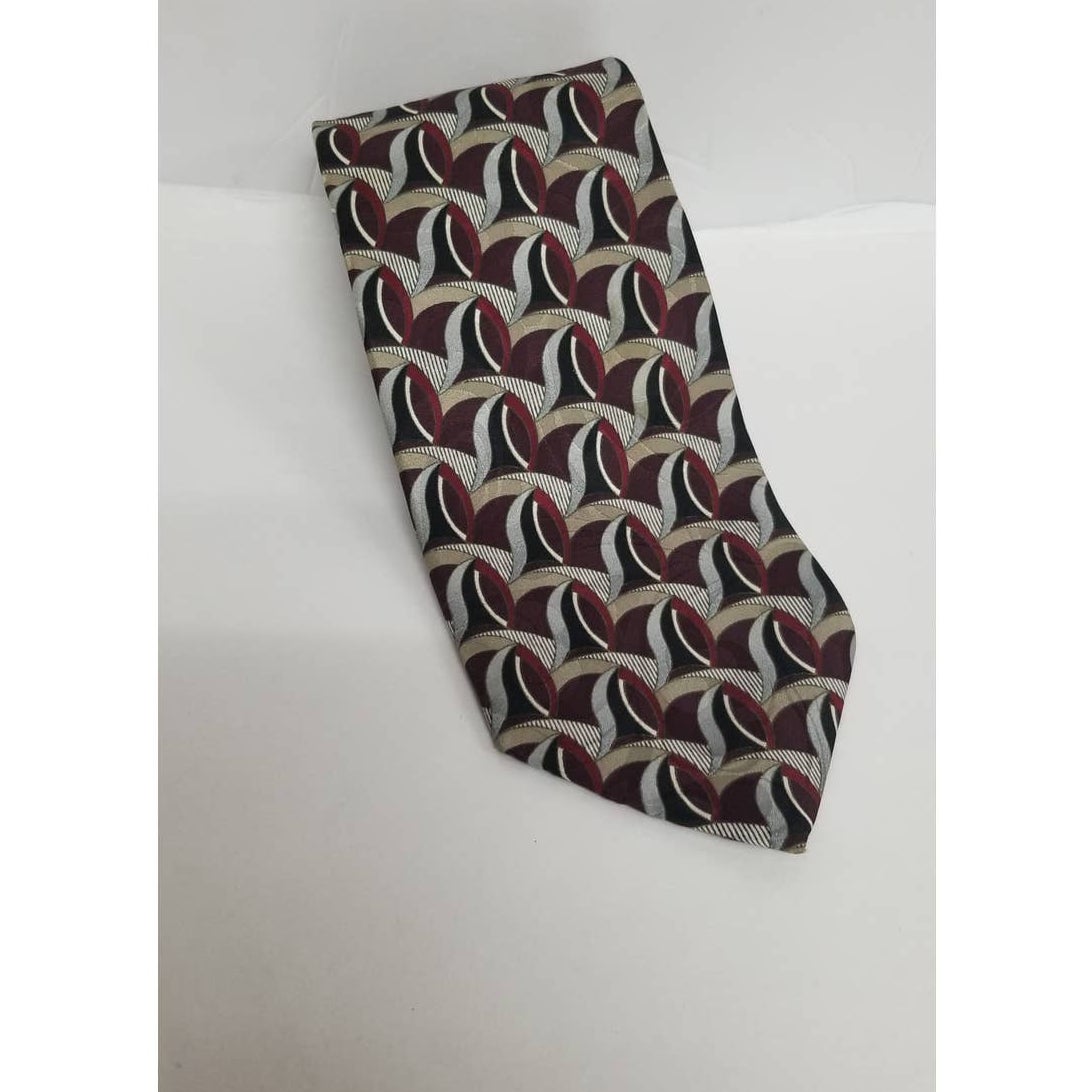 Oleg Cassini Vintage Geometric 1980s Silk Tie 58" Grays, burgundy, cream, black