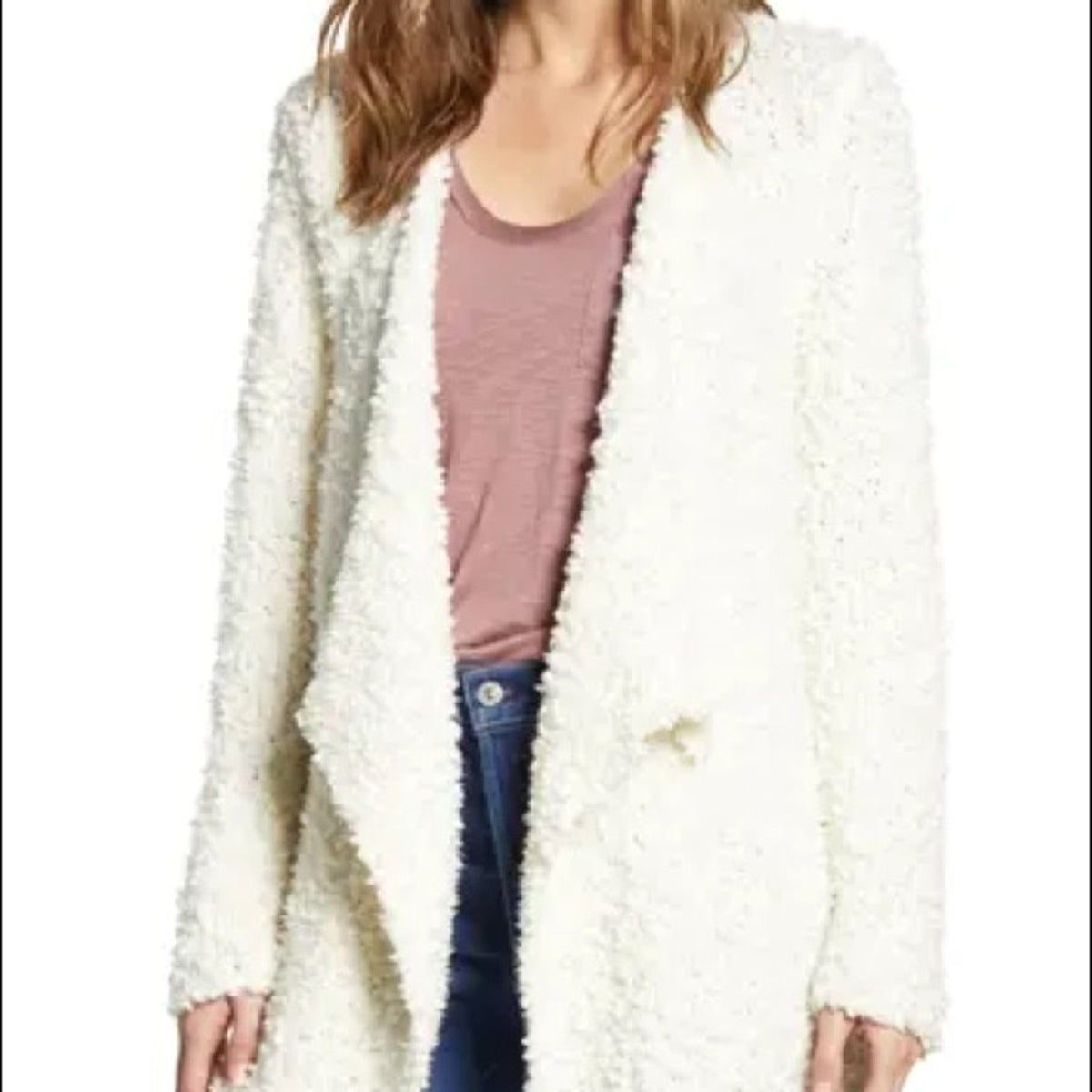 1. State Antique White Drape Front Poodle Cardigan