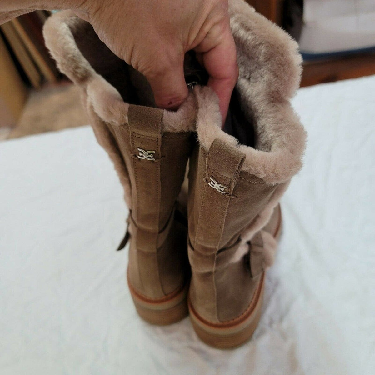 Sam Edelman Faux Fur Jailyn Boots Round Toe Adjustable Buckle Strap Suede 10 US