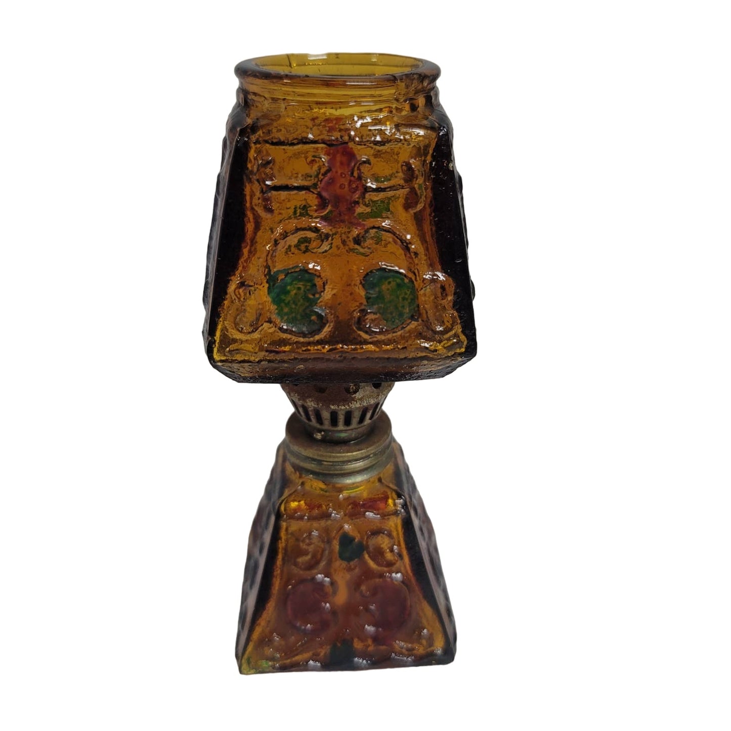 Vintage Miniature Oil Lamp  with globe 5" tall painted Amber Mini Hurricane