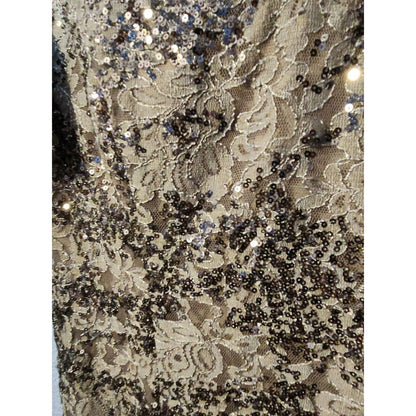 Alex Evenings Long Formal Sequin Dress Short Flutter Sleeve Size 16 Taupe NWT