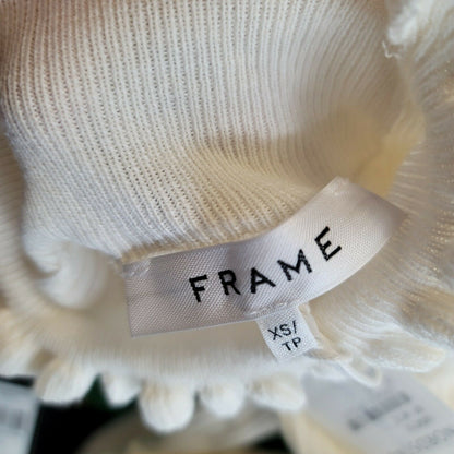 Frame Long Sleeve Pullover Sweater Ruffle Mock Neck Ribbed Knit Off White XS