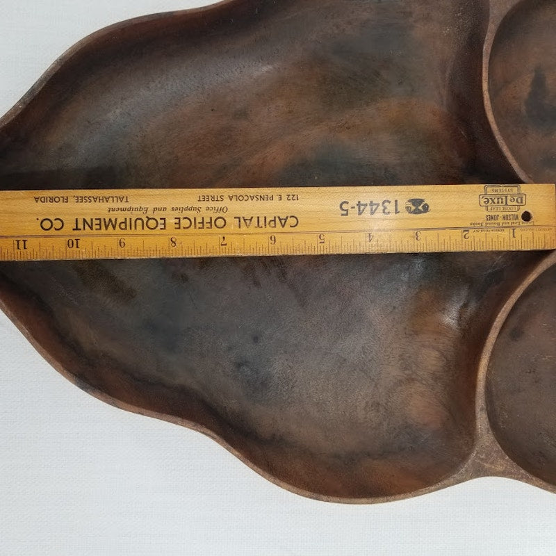 Large Vintage Monkey Pod Wood Leaf Shaped 3-Compartment Serving Tray Hawaiiana