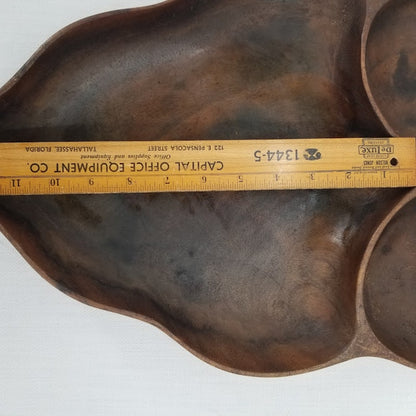Large Vintage Monkey Pod Wood Leaf Shaped 3-Compartment Serving Tray Hawaiiana
