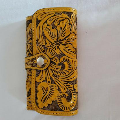 Hand tooled leather wallet Mustard yellow 7 1/2"x 4" BOHO Chic Mexican Artisan