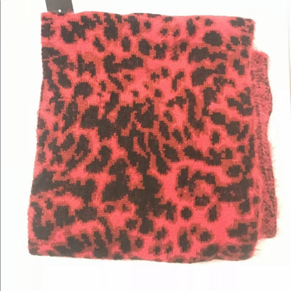 DKNY $48 Fuzzy Animal Print Red Scarf Black 63" x  12" cheetah NEW wrap