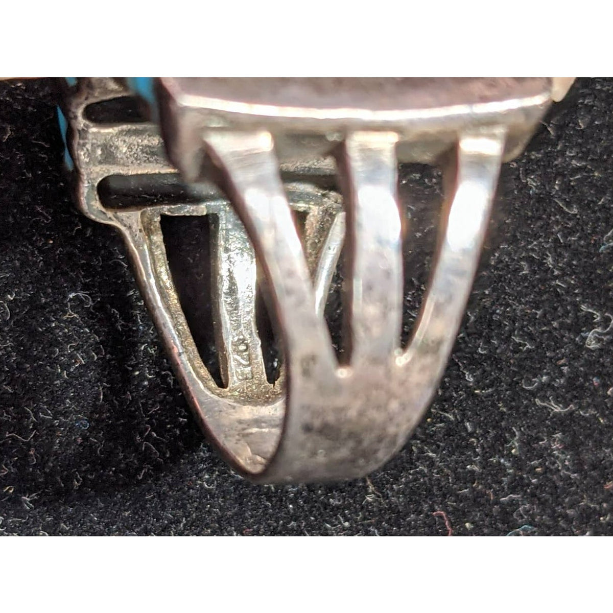 Vintage Retro 925 Sterling Silver Chunky Blue and Metal Stripe Ring Size 10