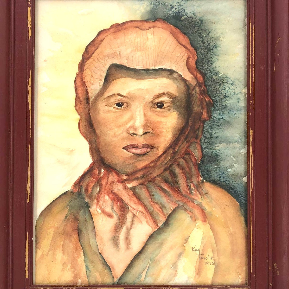Kay Towle 1978 Signed Artist Watercolor Lady's Face Painting Crimson woman