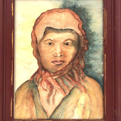 Kay Towle 1978 Signed Artist Watercolor Lady's Face Painting Crimson woman