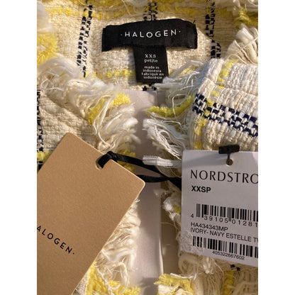 Halogen Estelle Tweed Fringe Plaid Jacket XXSP / 2XS Petite in Ivory Navy NWT