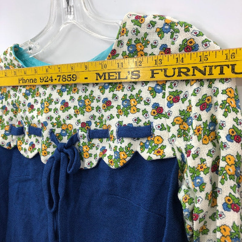 Vintage Blue Floral Dress Heavy Fabric XS 1960s long sleeve MOD