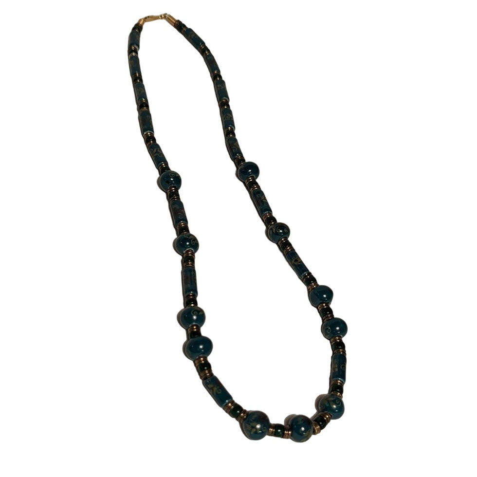Vintage Green Teal glass Ceramic Painted Bead Necklace Floral Gold Tone 12" hang