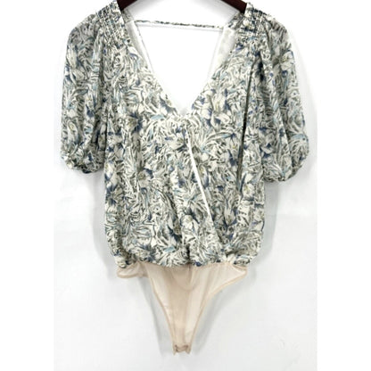 Astr Surplice Double V-Neck Puff Sleeve BodySuit Sz Small in Ivory Floral NWT