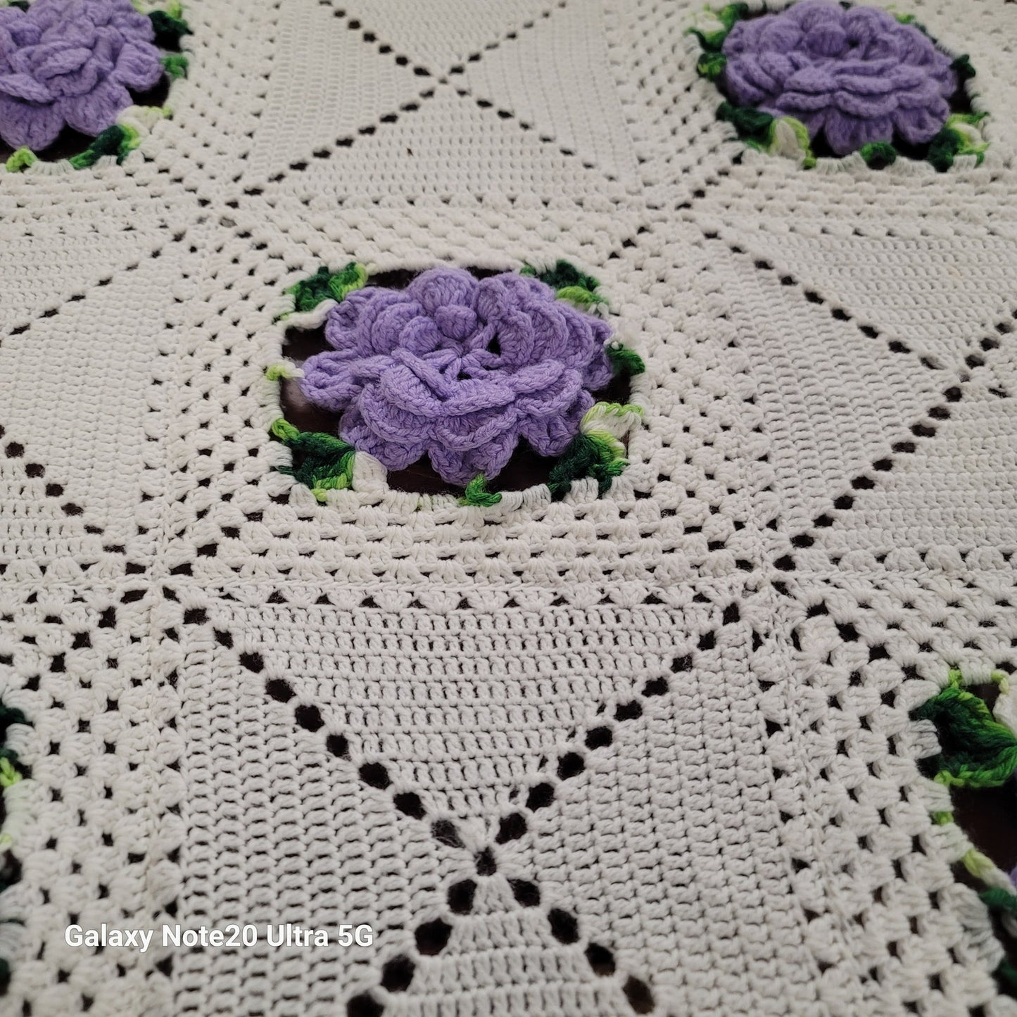 Crochet purple white raise flower blanket coverlet Handmade twin full bedspread