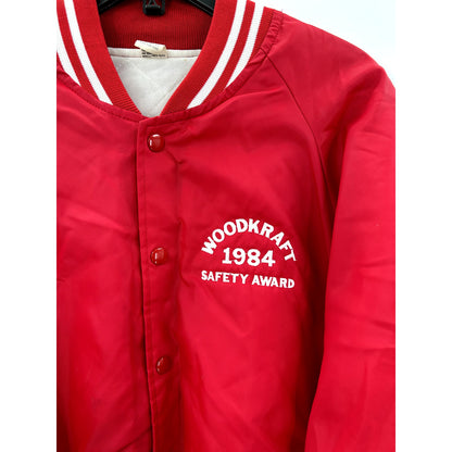 Vintage Woodkraft 1984 Safety Award Satin Baseball Bomber Quilted Shiny Red XL