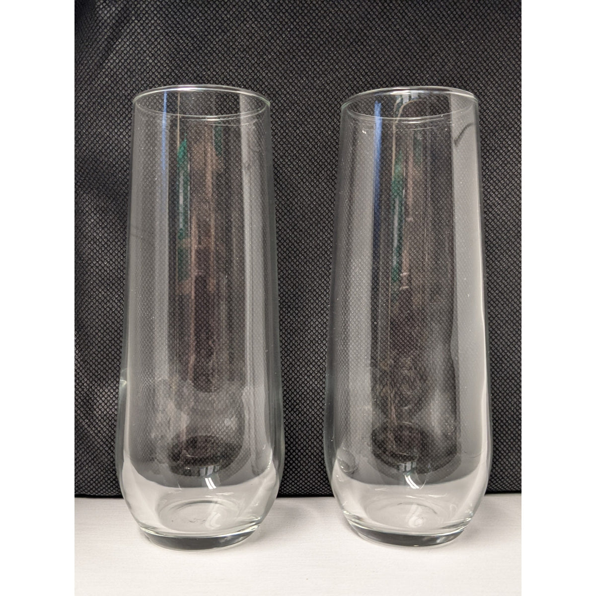 Mid Century Modern 5.75in Stemless Champagne Flute Glass Pair Bottom Heavy Shape