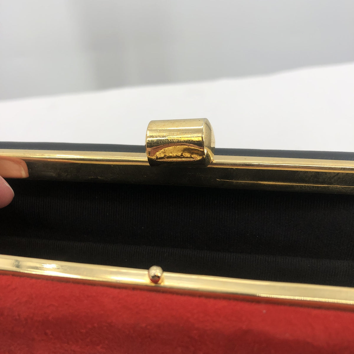 Vintage Gold Snap Closure Velvet Maroon Black Clutch Purse Golden Chain 1980s