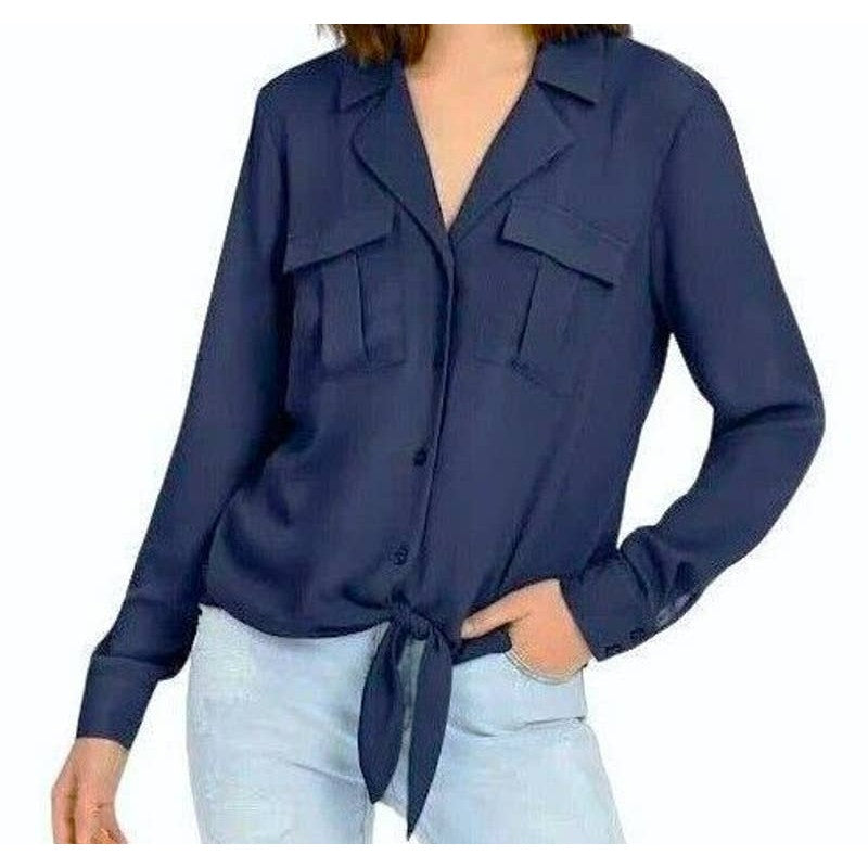 I.N.C. Button-Up Tie-Front Long Sleeve Blouse Top Sz Petite Small/PS in Navy NWT