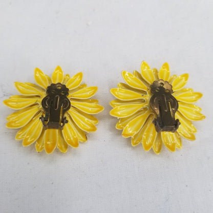 Vintage Yellow Flower Metal Clip On Earrings Costume Jewelry Spring