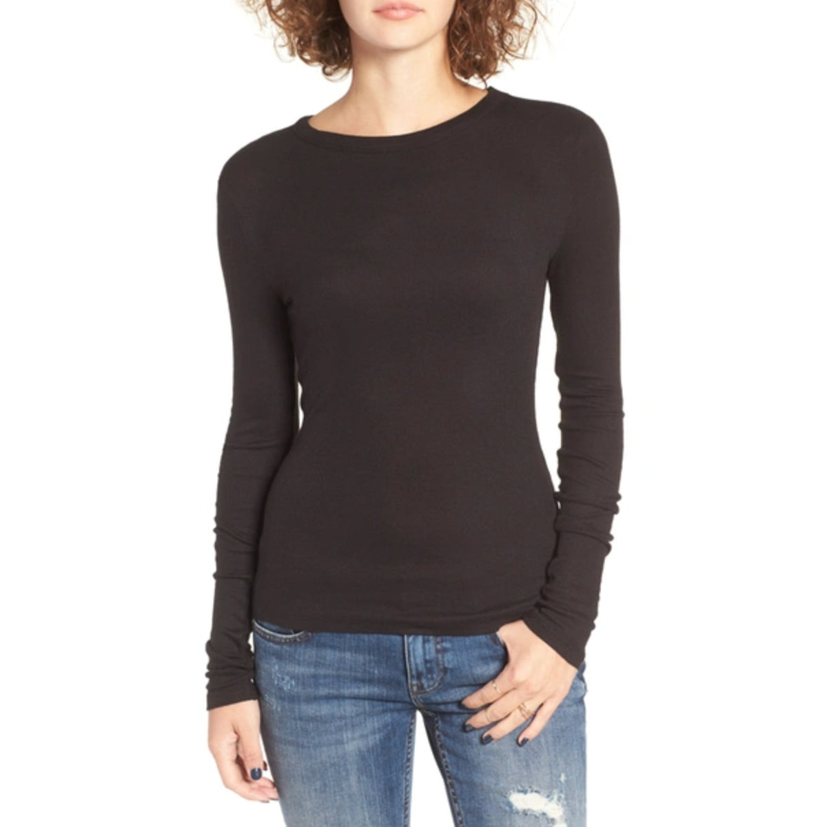 BP. NWT Lace Trim Long Sleeve Tee In Black Size XXS casual Packable travel