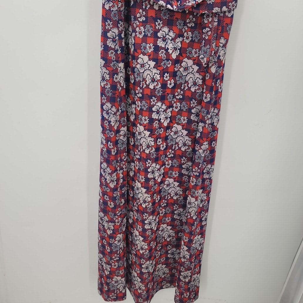 Vintage Polyester Blue Red White Maxi Floral Sleeveless Belted Dress Cocktail 70