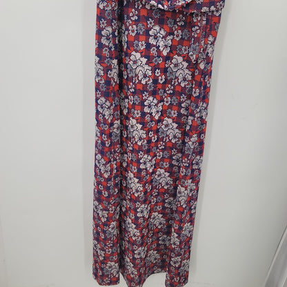 Vintage Polyester Blue Red White Maxi Floral Sleeveless Belted Dress Cocktail 70
