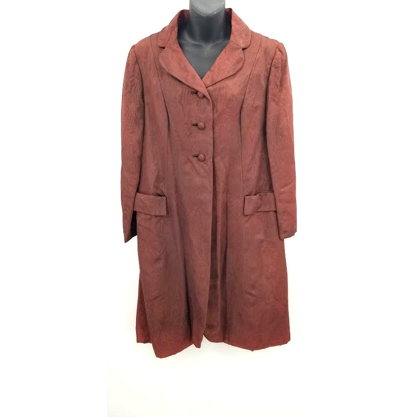 Vintage Moiré Taffeta Brown Coat Formal Jacket Pockets collar Small