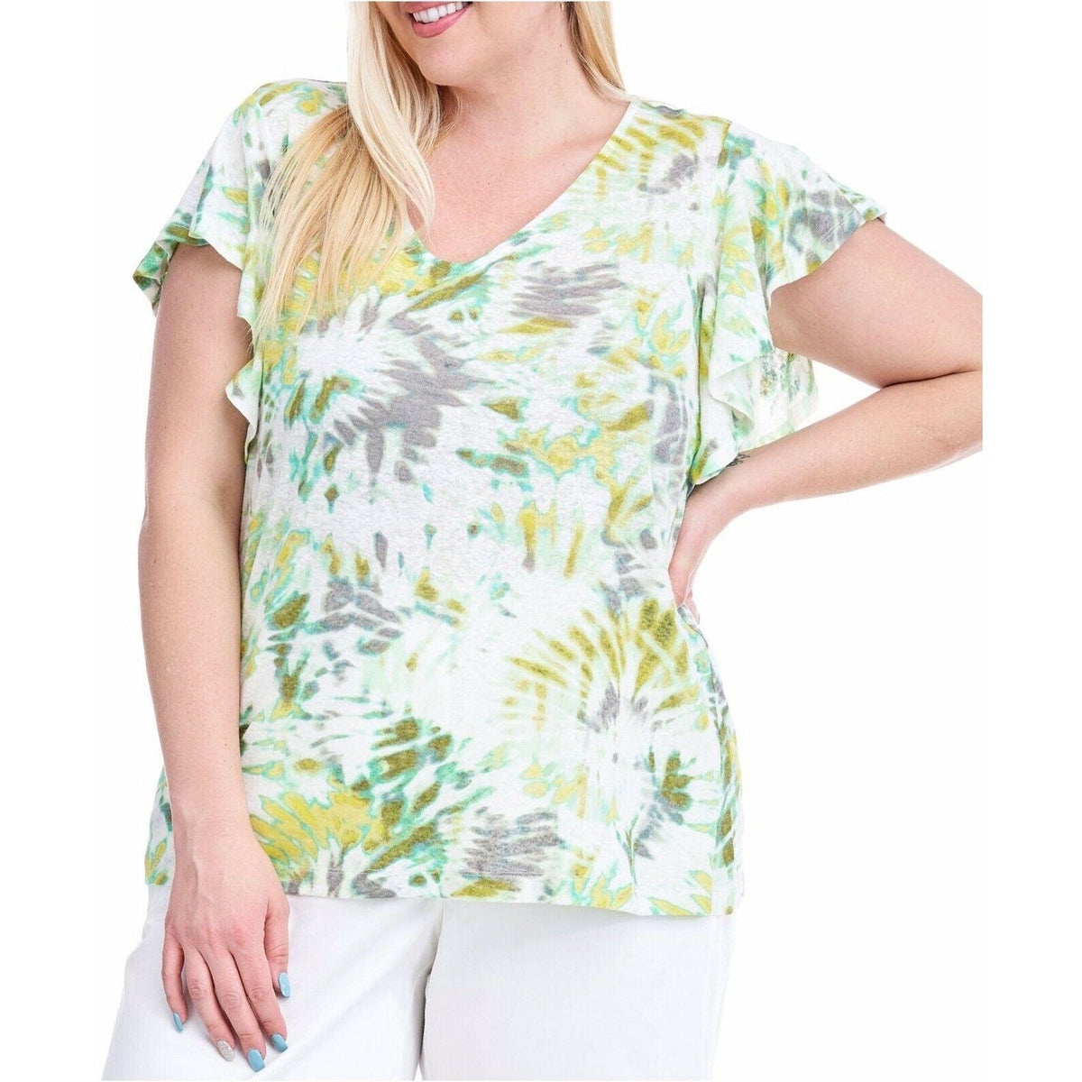 Fever Plus Size Tie-Dye Flutter-Sleeve V-Neck T-Shirt Top Green 3X Summer Light