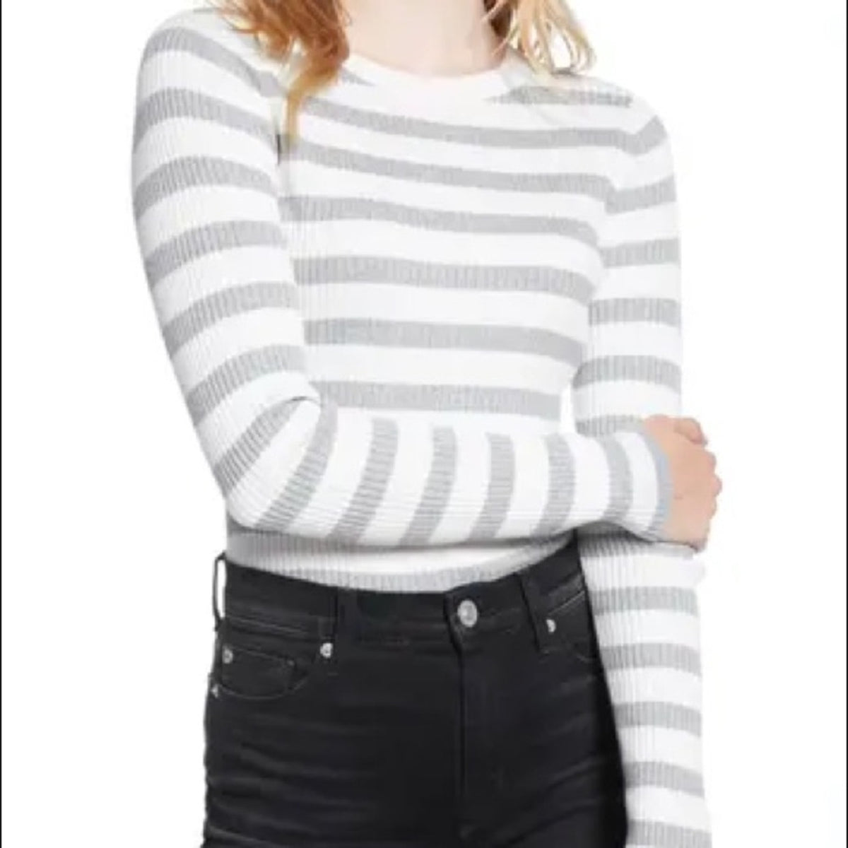 1901 White Grey Stripped Ribbed Long Sleeve Top Button Back Medium NEW