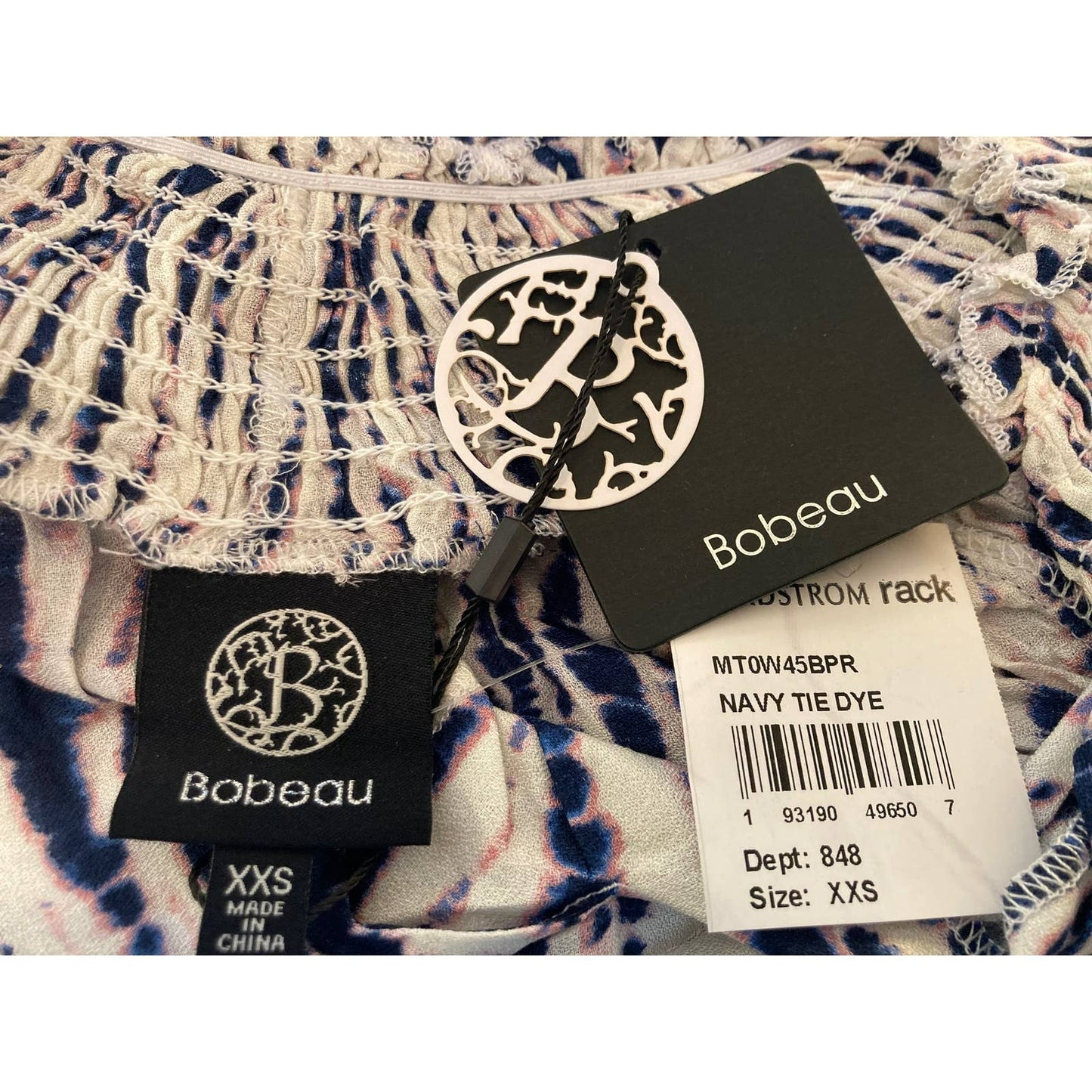 Bobeau Tie Dye Smocked V-Neck Boho Pullover Top Sz XXS/2XS Blue White Pink NWT