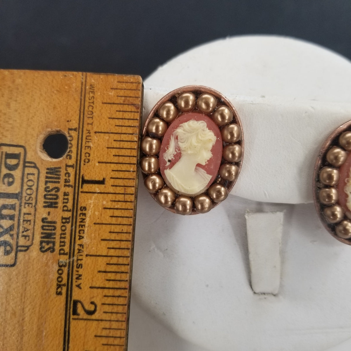 Vintage Cameo Brown Gold Pearl Clip On Earrings Costume Jewelry
