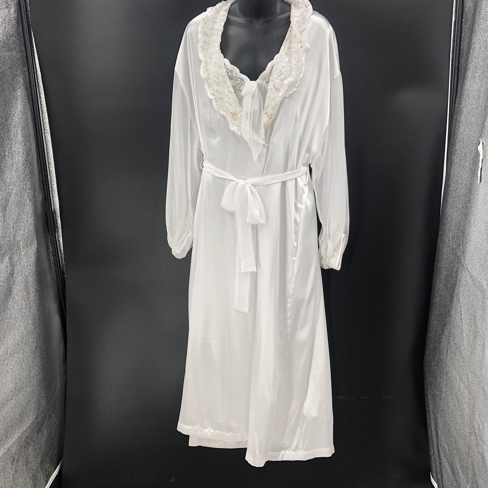Etienne White Lace Puff Sleeve Rob Set Negligee Pajama Large Peignoir Honeymoon