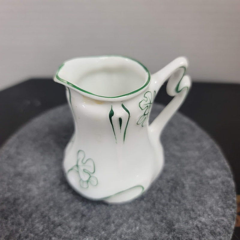 181 Belleek ini milk creamer porcelain hand painted white green pitcher