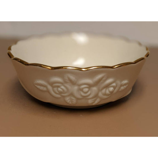 Lenox Vintage Porcelain Rose Bowl with Gold Metal Rim Cream Color Shallow Dish