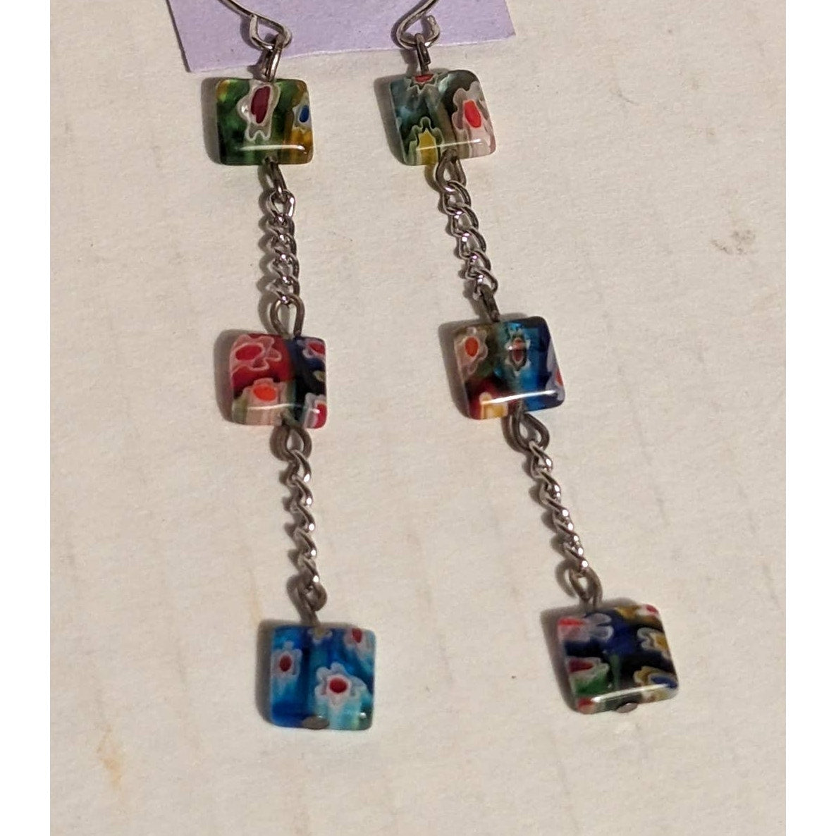 Vintage handmade Jewelry Dangle Earring Chain 3 Square Glass Millefiori Beads