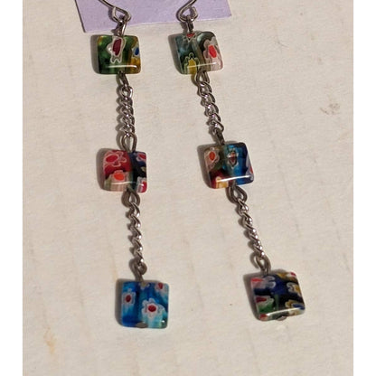 Vintage handmade Jewelry Dangle Earring Chain 3 Square Glass Millefiori Beads