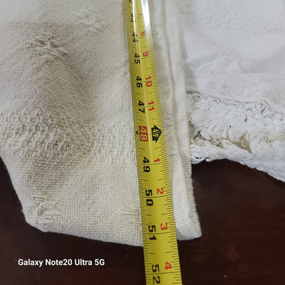 White coverlet blanket  Woven squares fringe white king or queen vintage texture