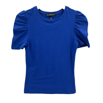 Derek Heart Puff Short Sleeve Fitted Top Sz Medium Surf the Web Blue NWT