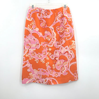 Ann Taylor Floral Print Knee Length Pencil Skirt Silk Orange Pink 2