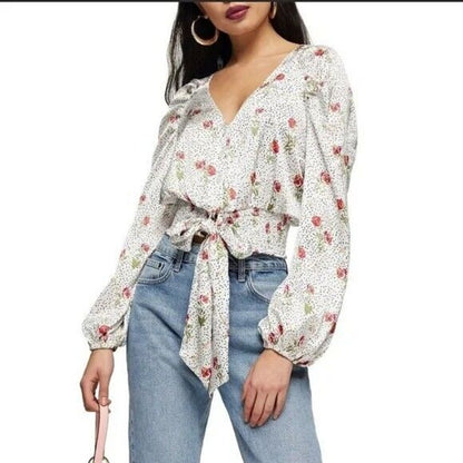 TopShop Women’s Floral Dot Tie Front Satiny Blouse Size 4 White Dots Floral NWT