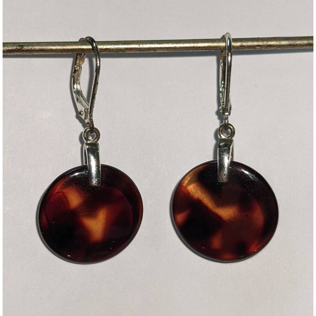 Vintage Amber Glass Translucent Disc Dangle Drop Earrings Silver Tone Metal