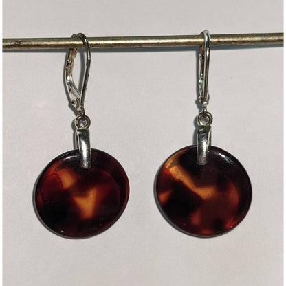 Vintage Amber Glass Translucent Disc Dangle Drop Earrings Silver Tone Metal