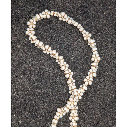 Vintage White Tensha Beaded Floral Necklace Flower Chain Blue Rose 34"